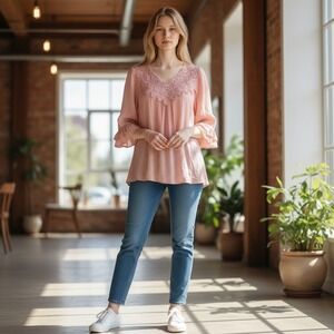 Fig + Flower Pink Crochet Lace V-Neck Ruffle Sleeve Tunic Top Womens 1X